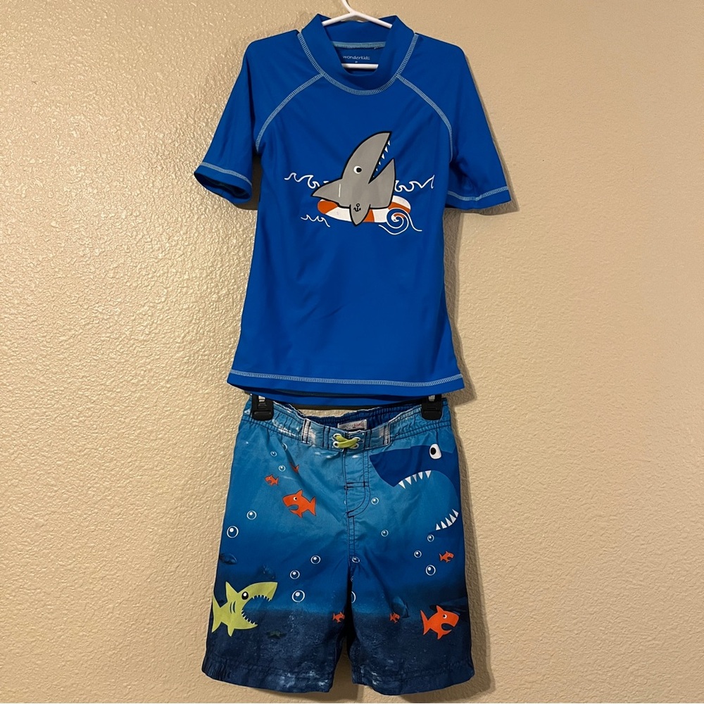 Wonderkids Boys Size 5T Blue Shark Swim Rash Guard Shirt & Trunks